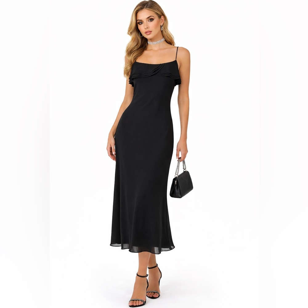 LIZ CLAIBORNE‎ Black Chiffon Y2K Slip Dress Ruffle Neck Minimalist Evening 12